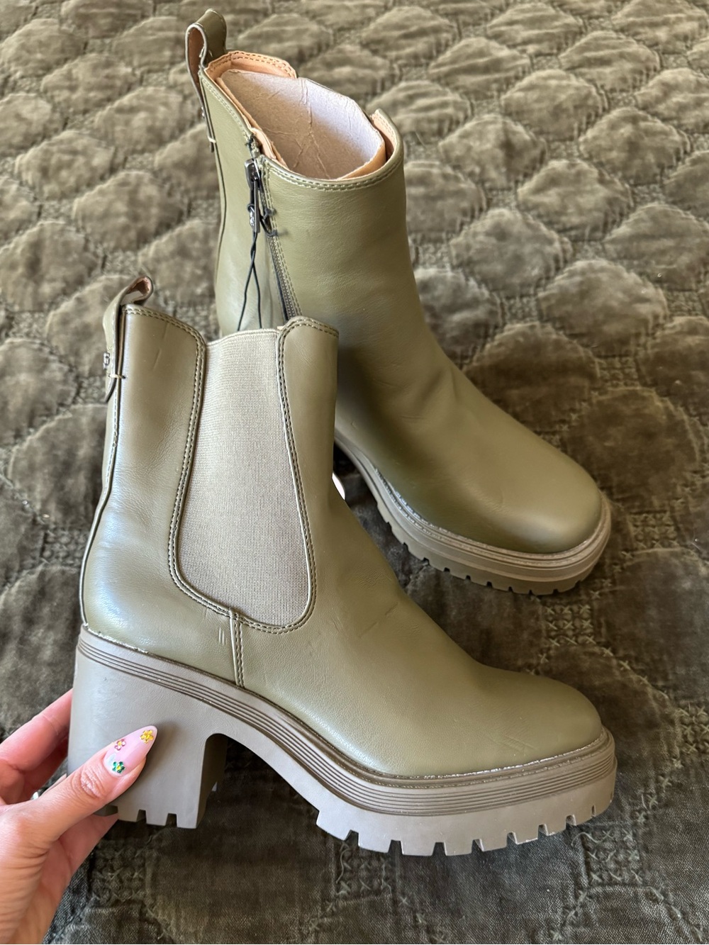 Sam & Libby Taupe Green Lug Sole Ankle Boots